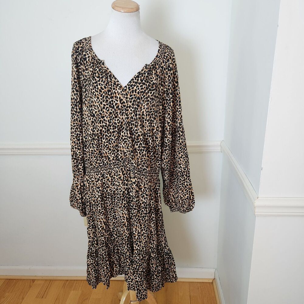 New Old Navy Womens Leopard Print Low Waist Dress XXL Long Sleeve Tiered Casual